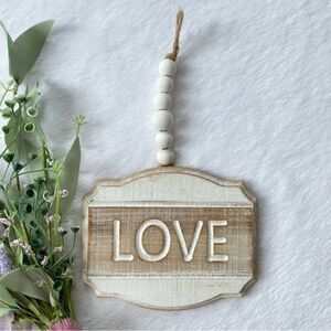 LOVE Hanging Wood Sign With Beaded Hanger Distressed Farmhouse Decor Wall Accent